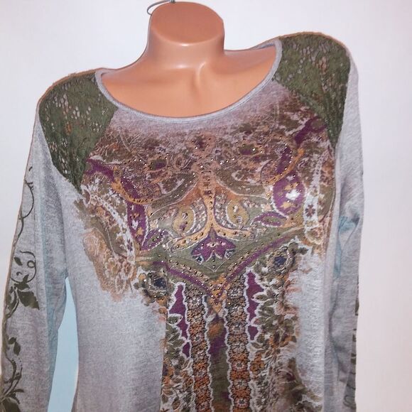 One World Knit Top Plus Size 1X Green Crochet Studded Bling Long Sleeve Boho - Picture 3 of 9